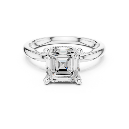 White gold Asscher cut solitaire ring with hidden halo and domed band featuring lab-grown diamond, vintage-inspired design