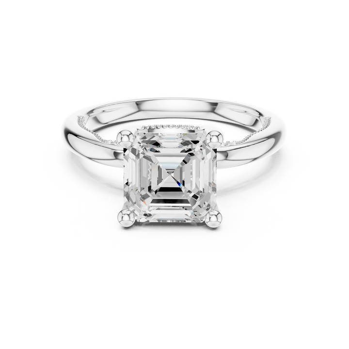 White gold Asscher cut solitaire ring with hidden halo and domed band featuring lab-grown diamond, vintage-inspired design