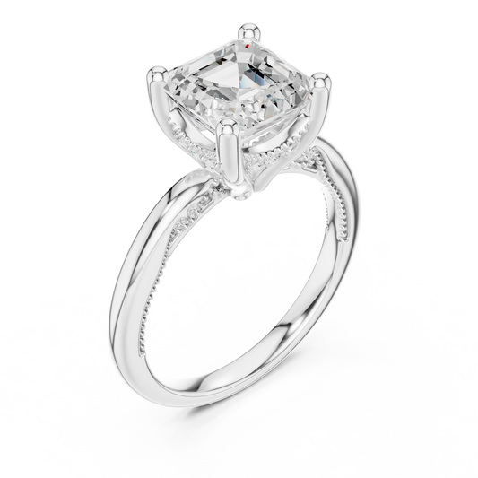 Front view of white gold Asscher cut solitaire ring with hidden halo and domed band and lab-created diamond