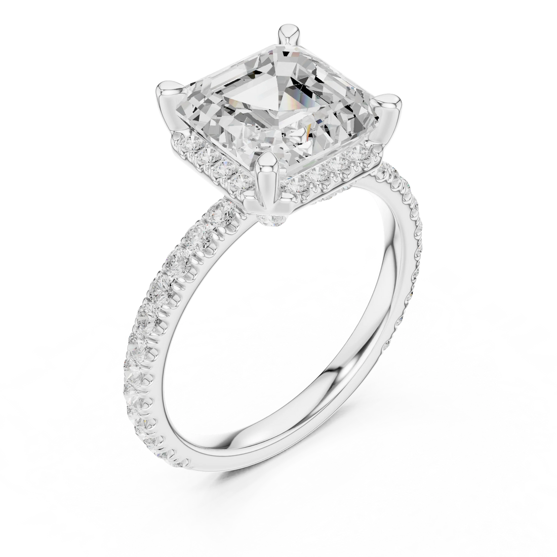Front view of white gold Asscher cut solitaire ring with hidden halo and domed band showcasing lab-created diamond
