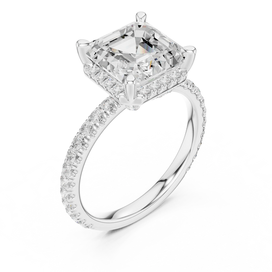 Front view of white gold Asscher cut solitaire ring with hidden halo and domed band showcasing lab-created diamond