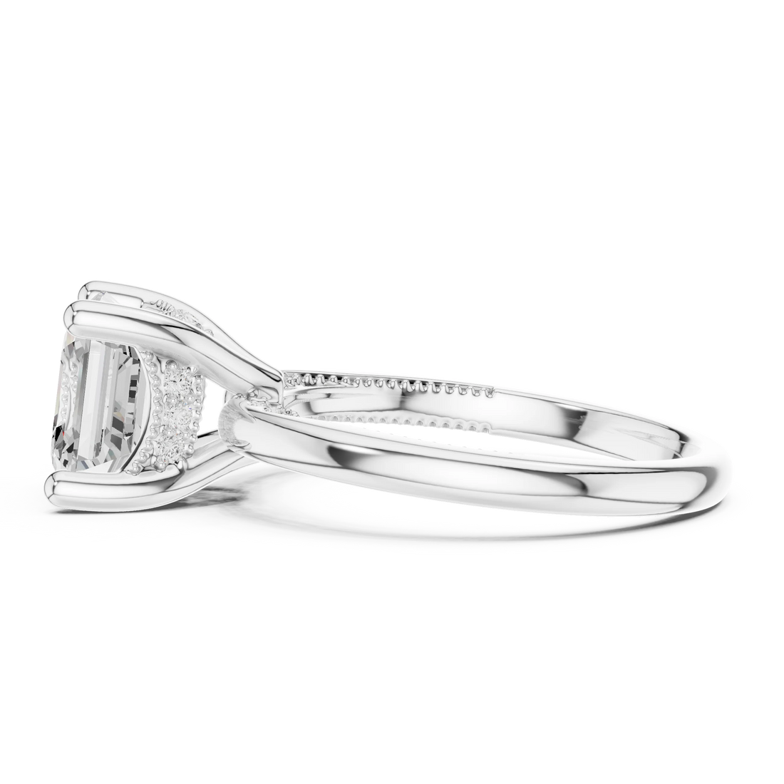 Side view of white gold Asscher cut solitaire ring highlighting hidden halo and domed band design