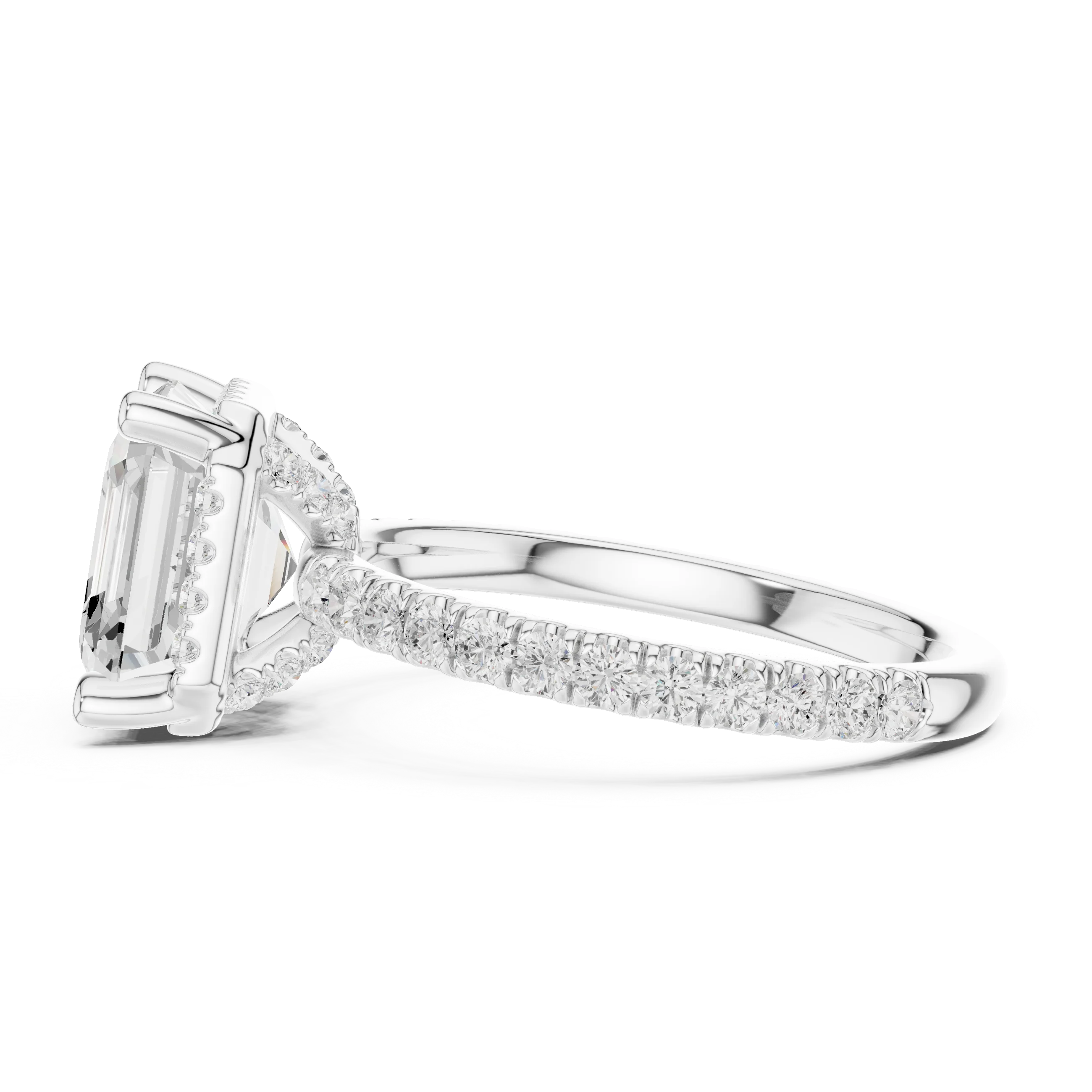 Side view of white gold Asscher cut solitaire ring showing hidden halo structure and domed band profile
