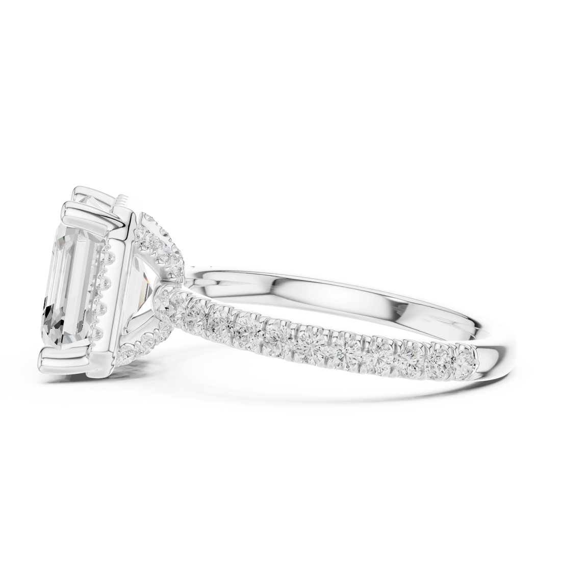 Side view of white gold Asscher cut solitaire ring showing hidden halo structure and domed band profile