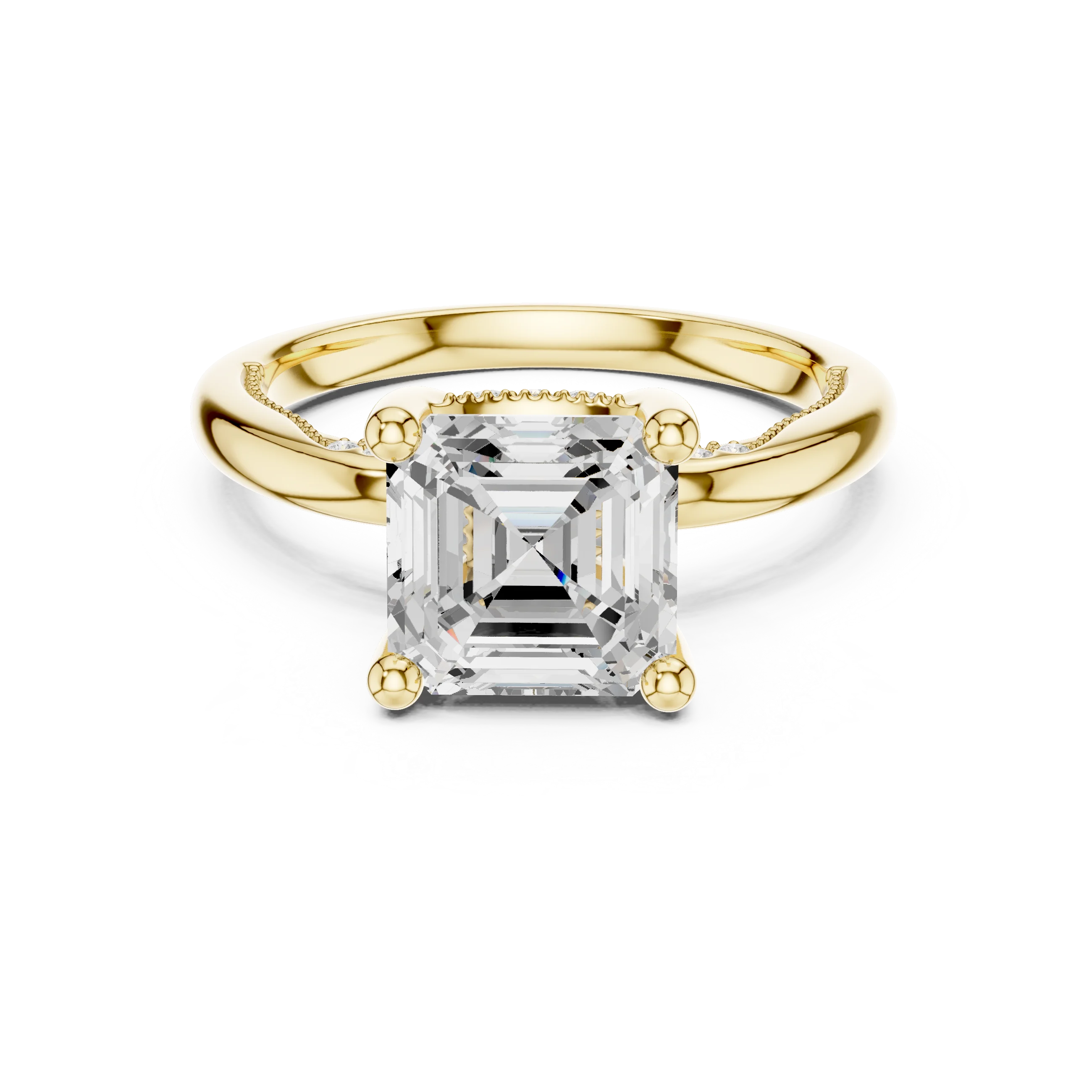 Yellow gold Asscher cut solitaire ring with hidden halo and domed band featuring lab-grown diamond, classic style