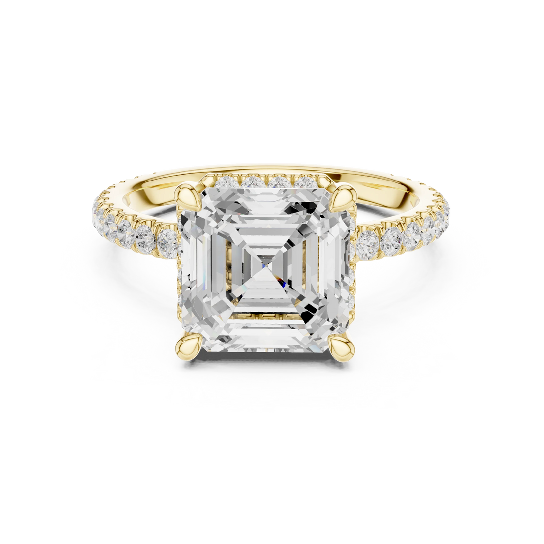 Yellow gold Asscher cut solitaire ring with hidden halo and domed band featuring lab-grown diamond, classic vintage style