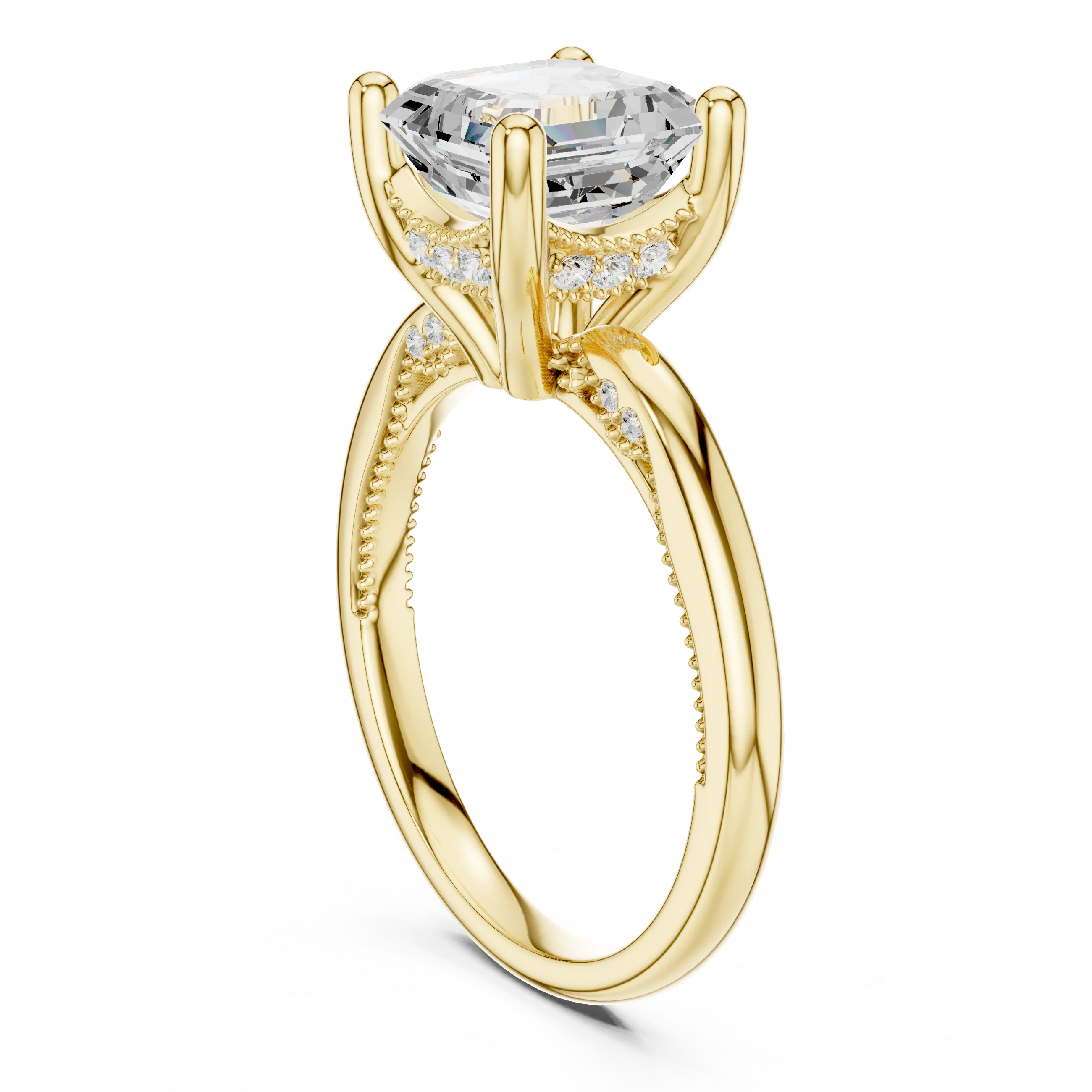 Back side view of yellow gold Asscher cut solitaire ring showing hidden halo and domed band details