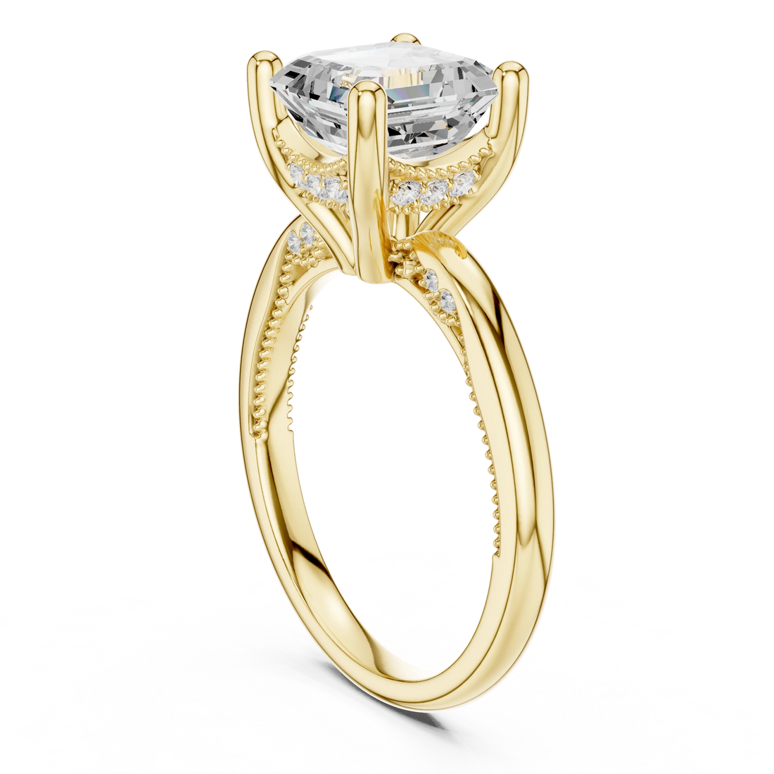 Back side view of yellow gold Asscher cut solitaire ring showing hidden halo and domed band details