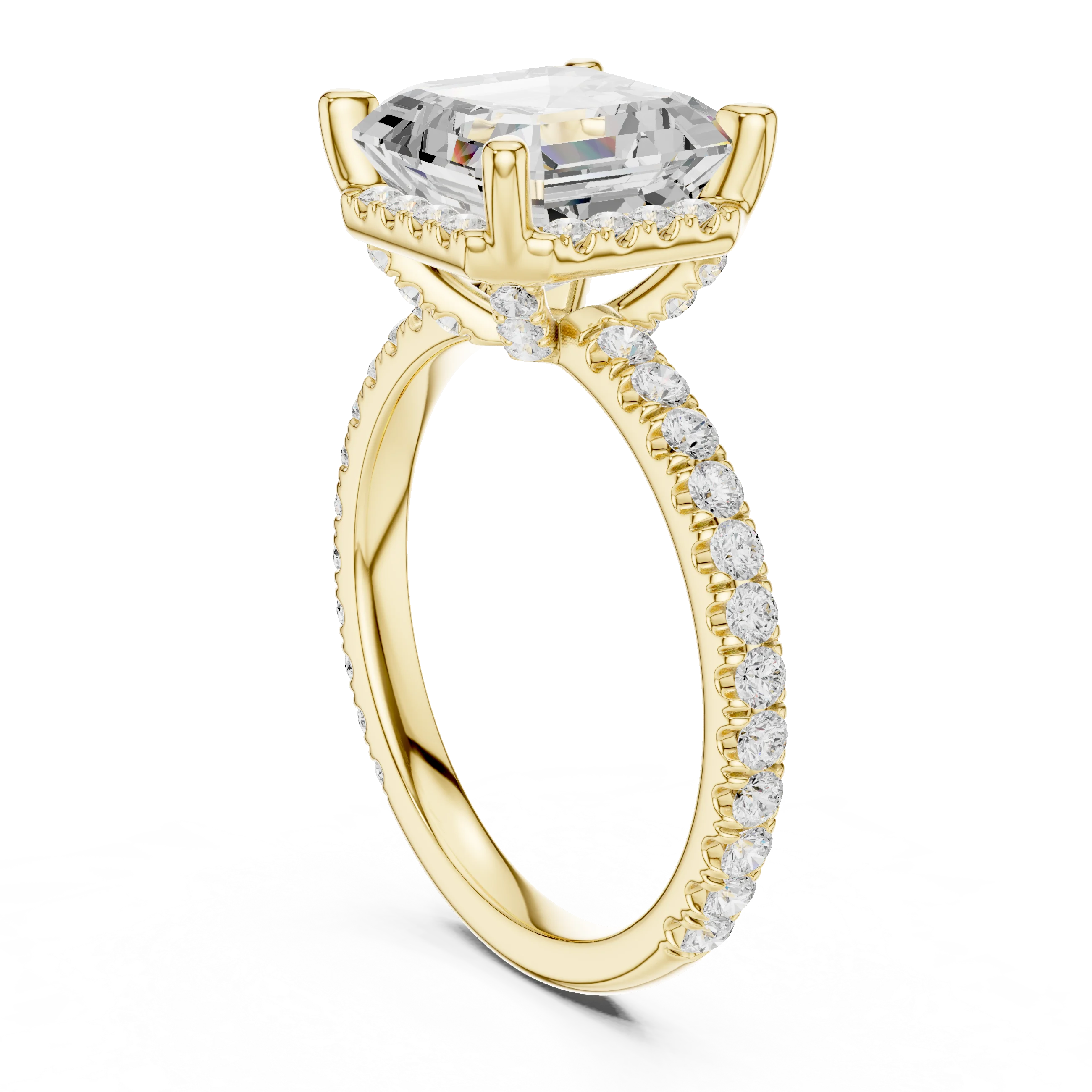 Back side view of yellow gold Asscher cut solitaire ring showing hidden halo and domed band details