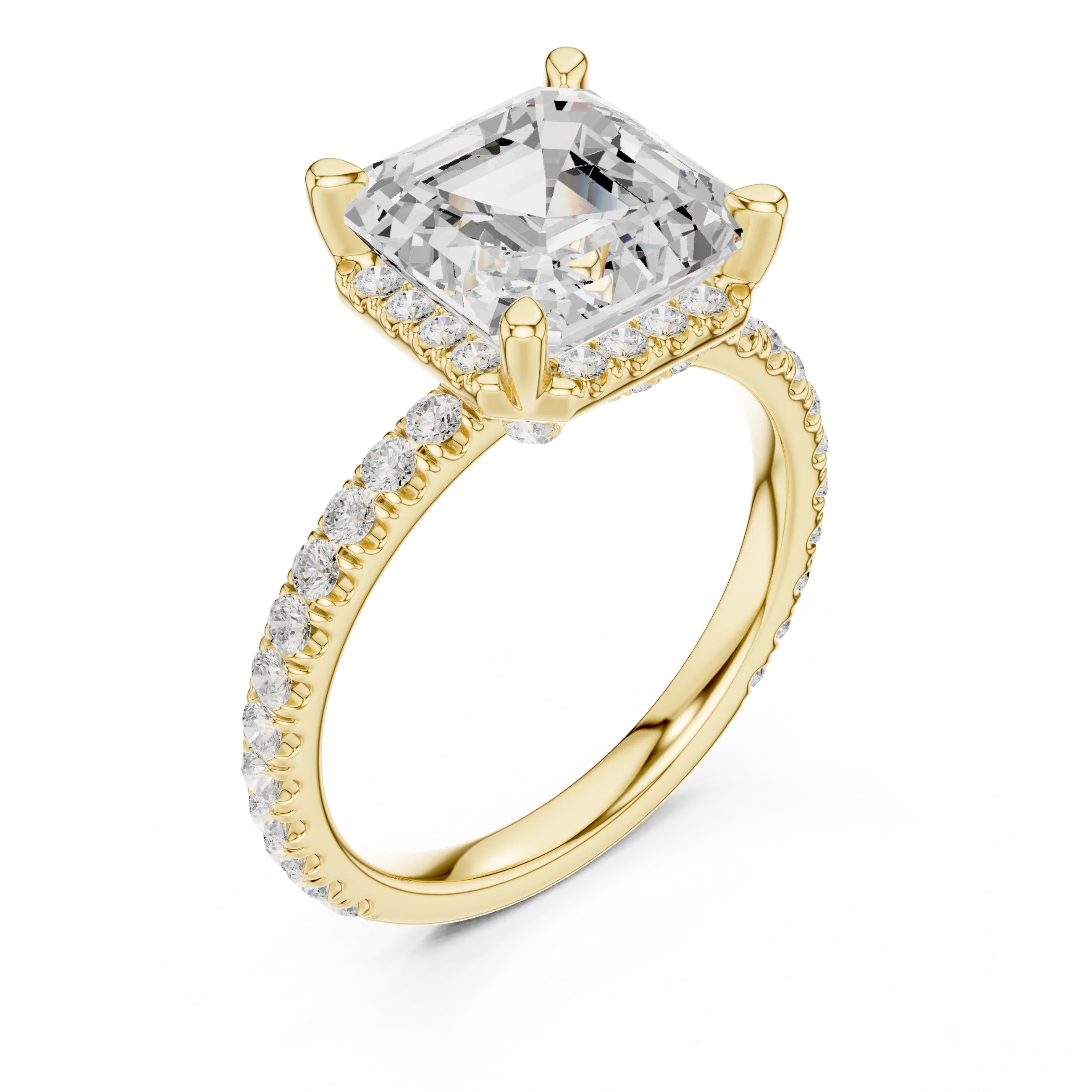 Front view of yellow gold Asscher cut solitaire ring with hidden halo and domed band displaying lab-created diamond