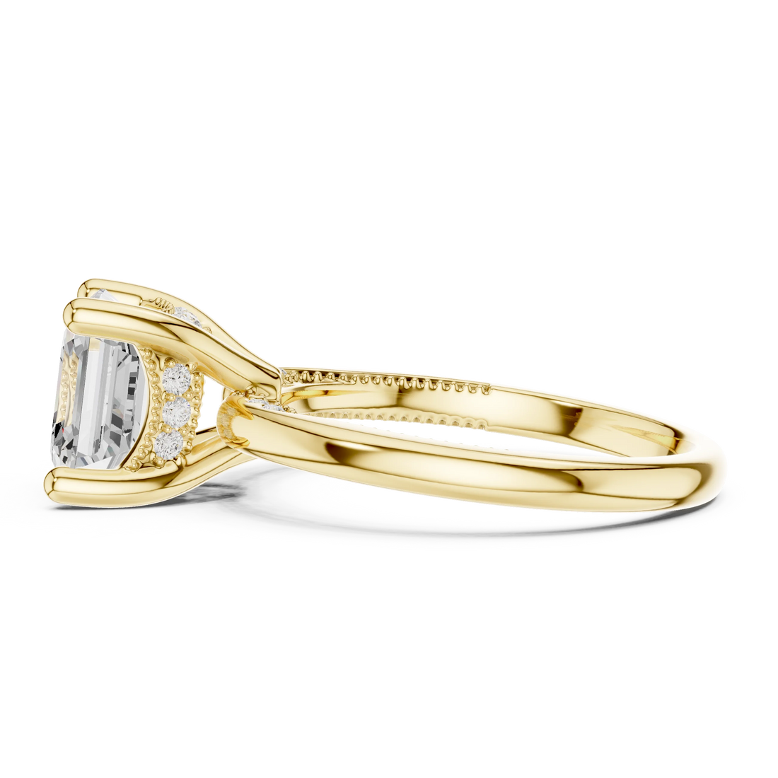 Side view of yellow gold Asscher cut solitaire ring highlighting hidden halo and domed band design