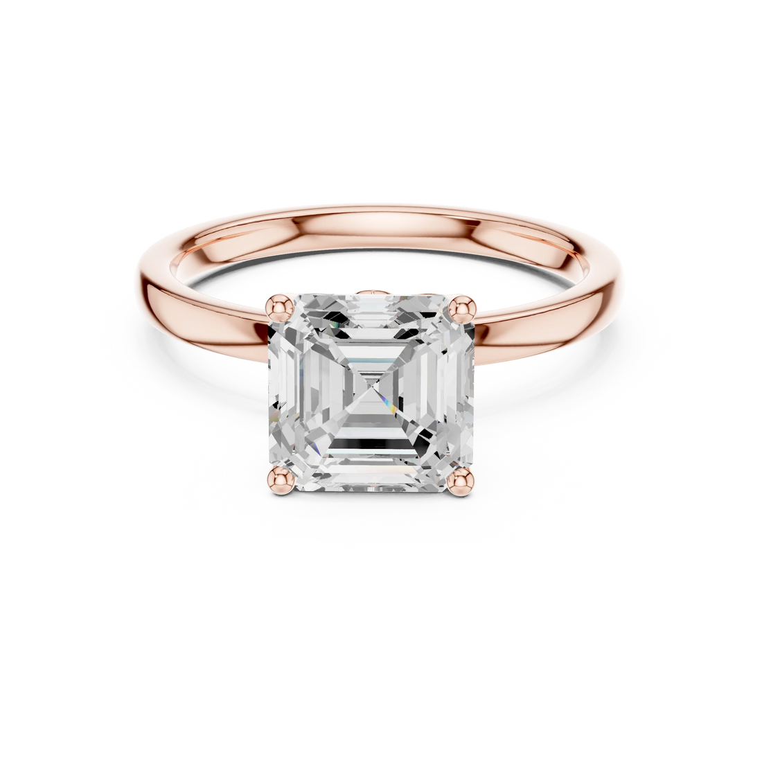 Lab-grown Asscher cut solitaire ring in rose gold with plain domed band