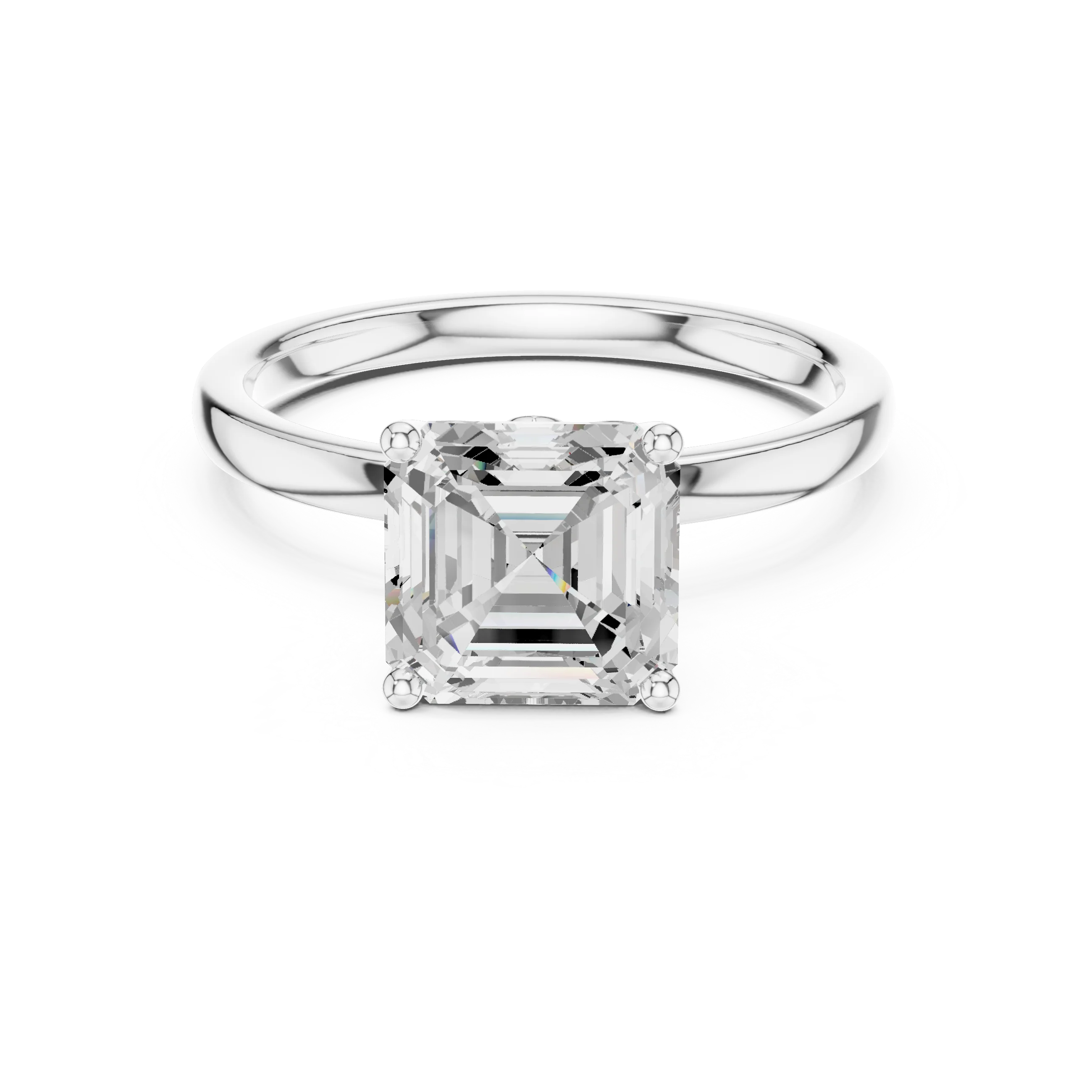 Lab-grown Asscher cut solitaire ring in white gold with plain domed band