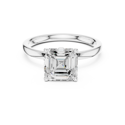Lab-grown Asscher cut solitaire ring in white gold with plain domed band