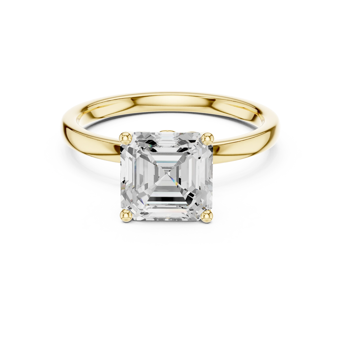 Lab-grown Asscher cut solitaire ring in yellow gold with smooth domed band