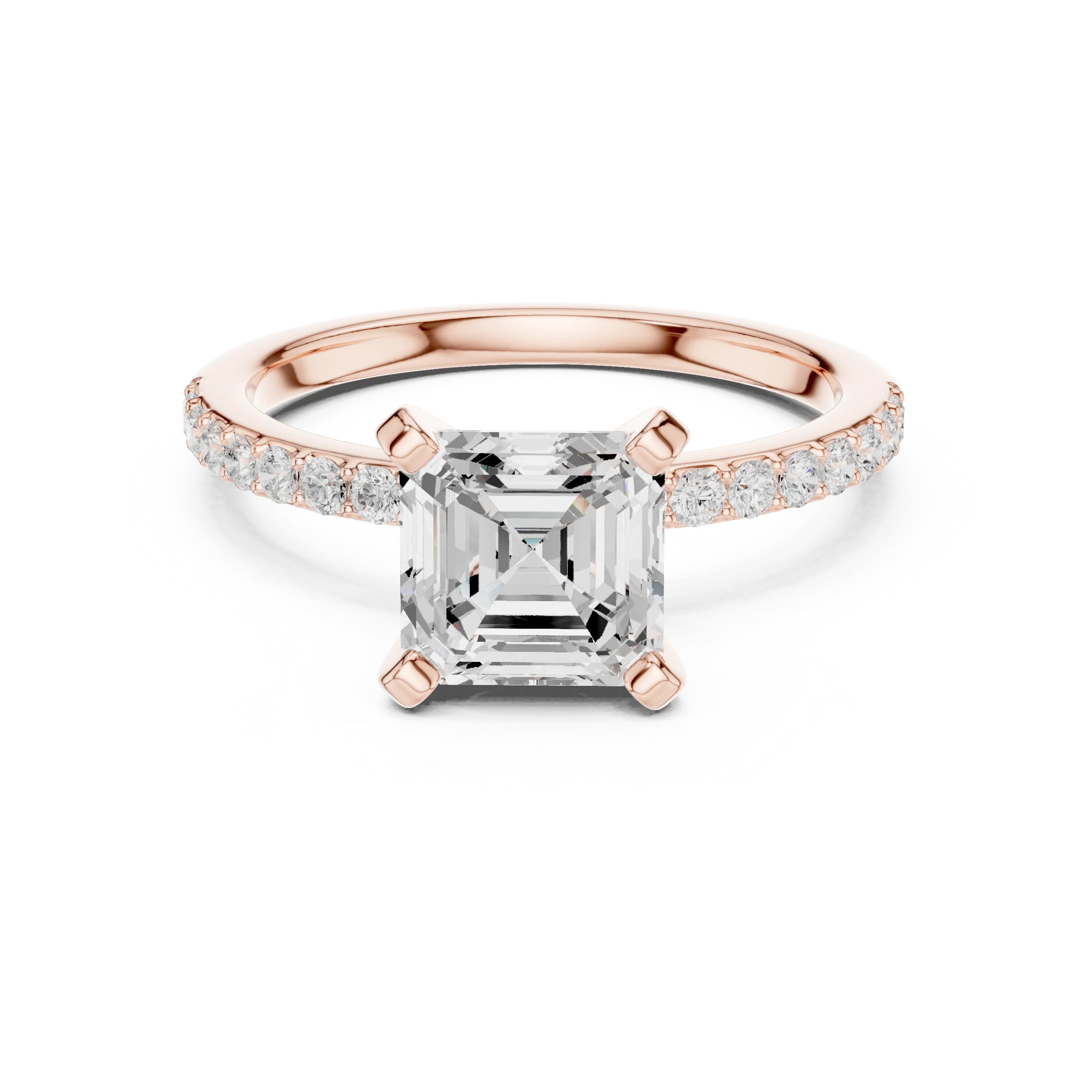 Lab-grown asscher solitaire diamond ring in rose gold with thin pavé band