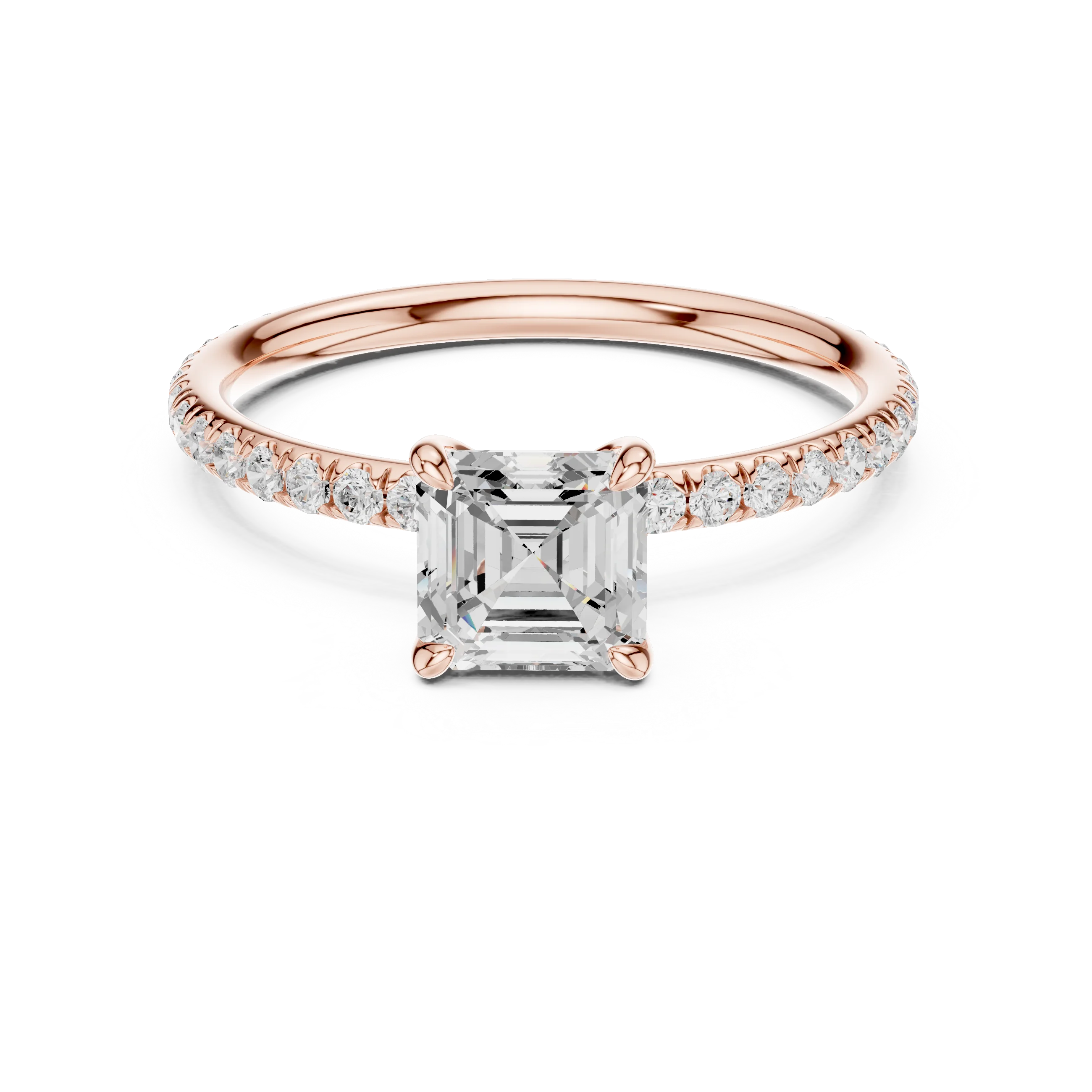 Lab-grown Asscher cut solitaire ring in rose gold with thin pavé diamond band