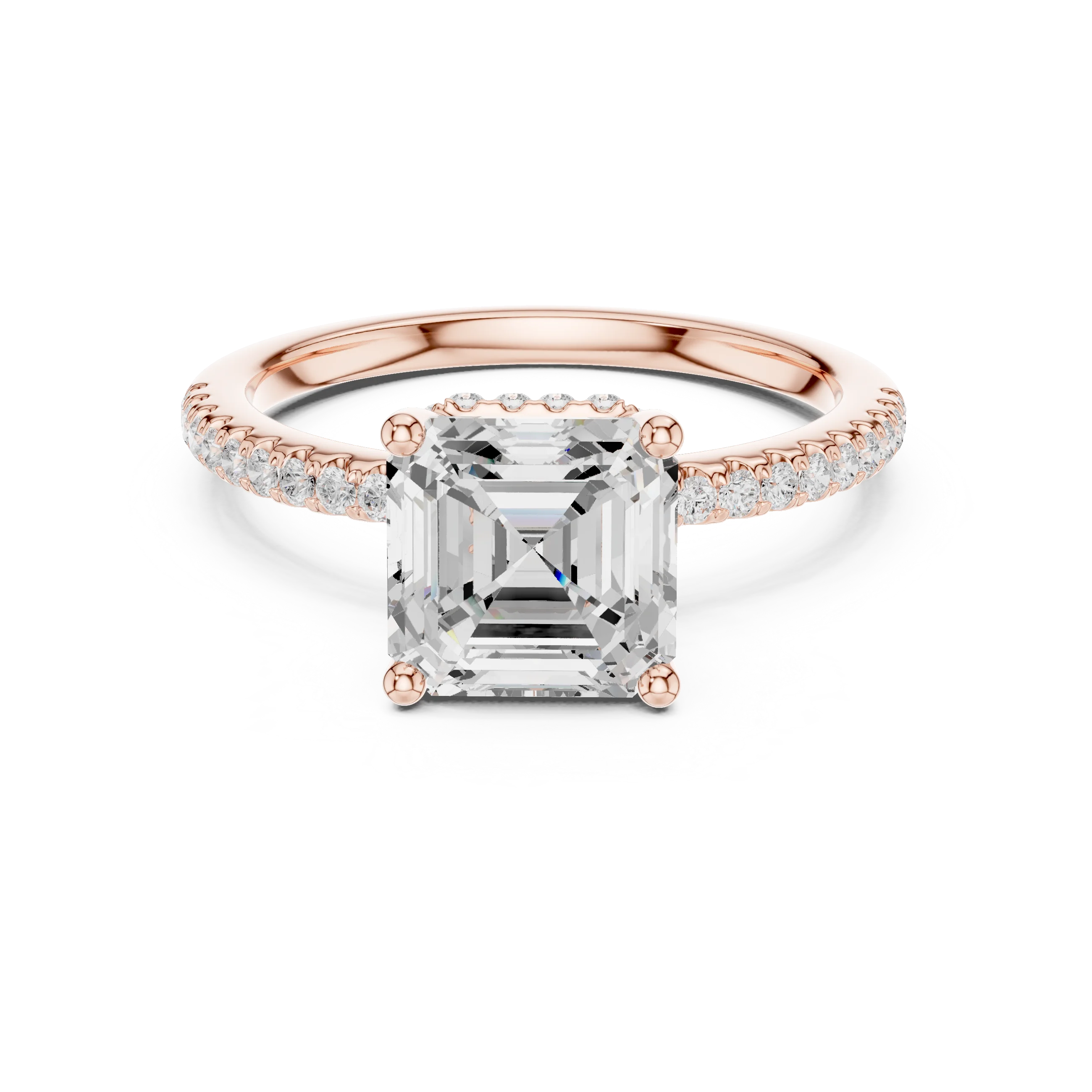 Rose gold Asscher cut solitaire ring with thin pave band and lab-grown diamond, modern vintage look