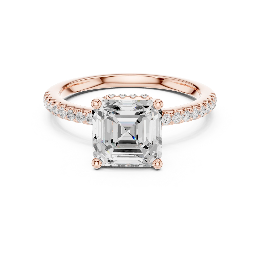 Rose gold Asscher cut solitaire ring with thin pave band and lab-grown diamond, modern vintage look