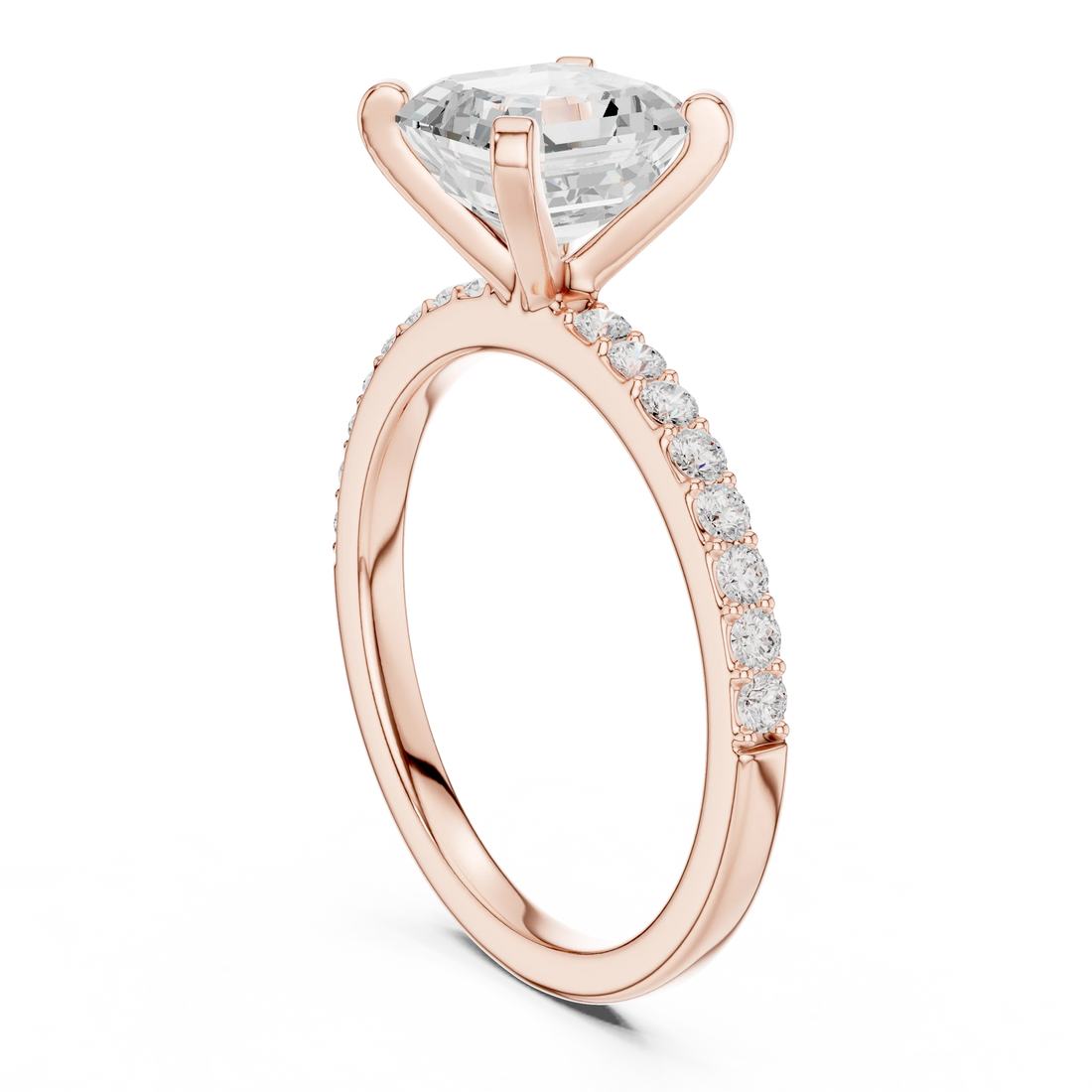 Back side view of rose gold asscher solitaire ring showing thin pavé band and setting details