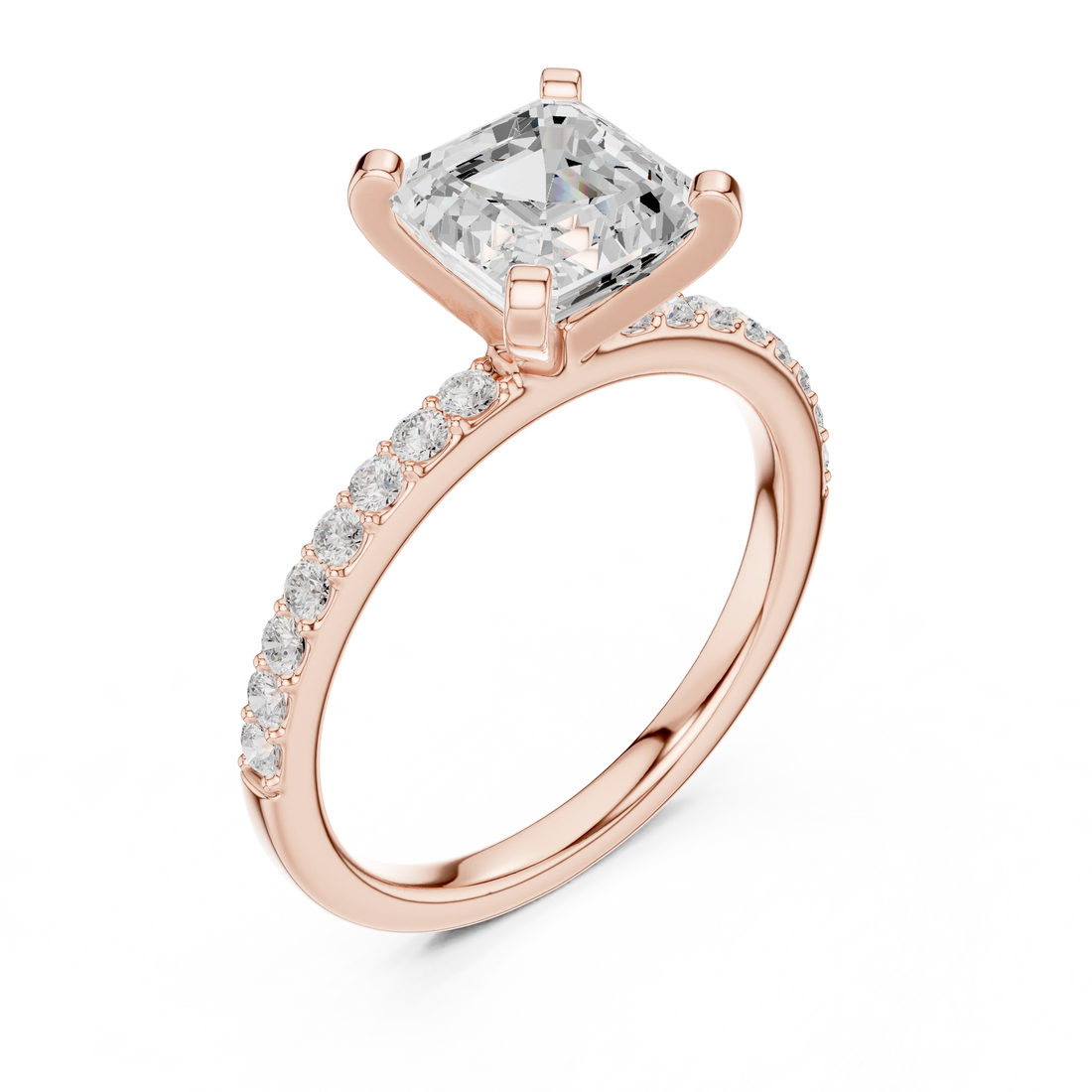 Front view of rose gold asscher solitaire ring with thin pavé band and center diamond