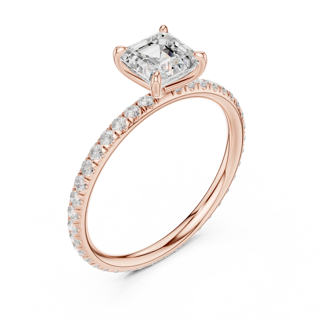 Front view of rose gold Asscher cut solitaire ring with thin pavé diamond band and center stone