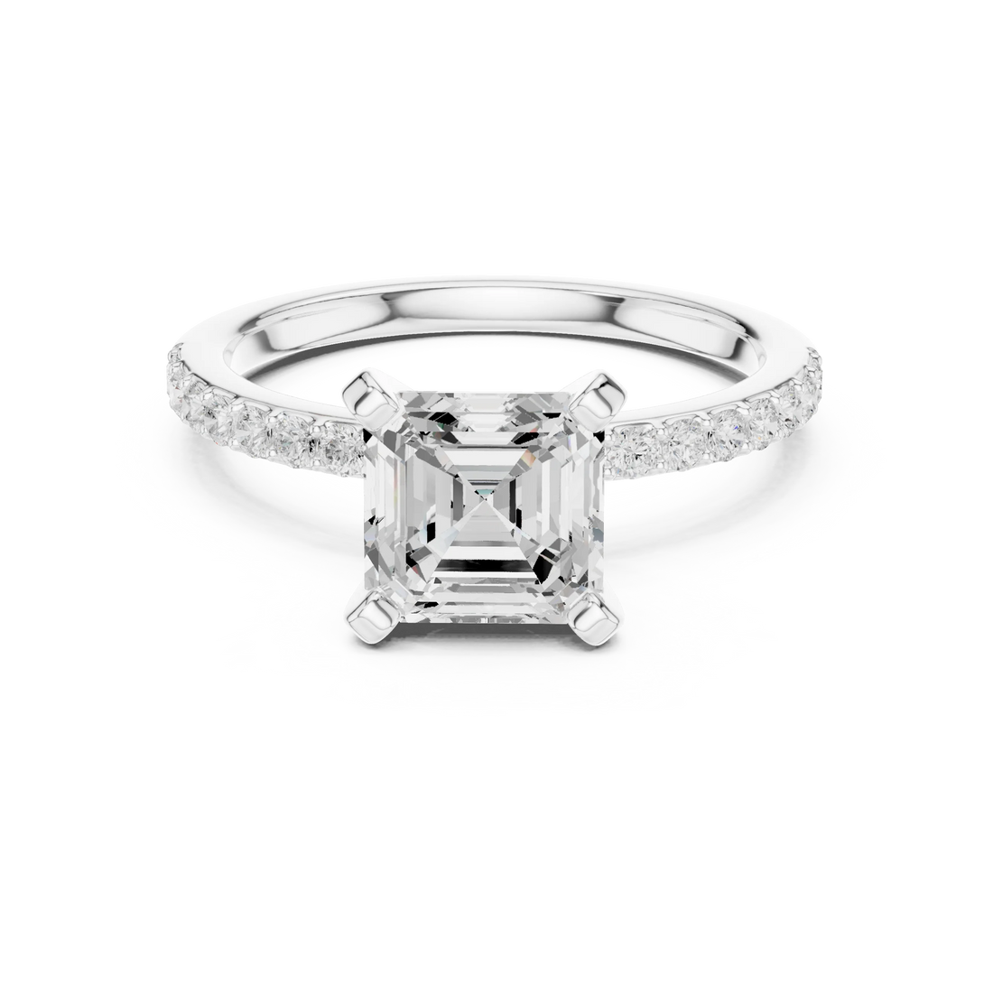 Lab-grown asscher solitaire diamond ring in white gold with thin pavé band