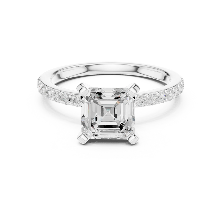 Lab-grown asscher solitaire diamond ring in white gold with thin pavé band