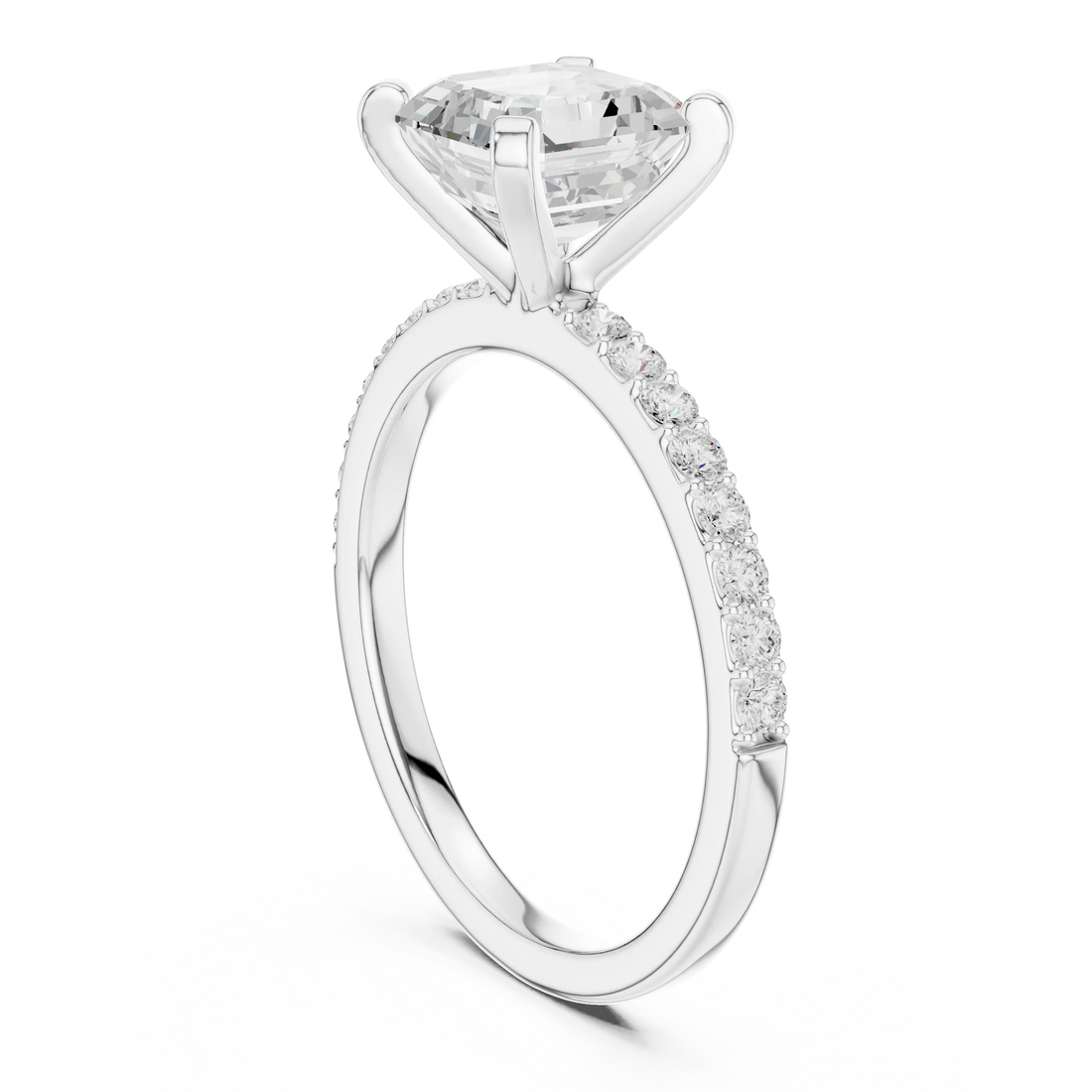 Back side view of white gold asscher solitaire ring showing thin pavé band and setting details