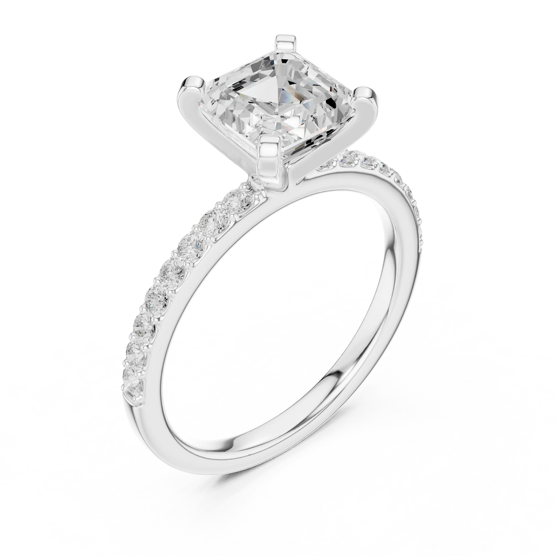Front view of white gold asscher solitaire ring with thin pavé band and center diamond