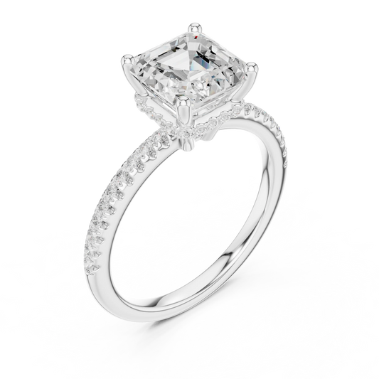Front view of white gold Asscher cut solitaire ring with thin pave band and lab-created diamond