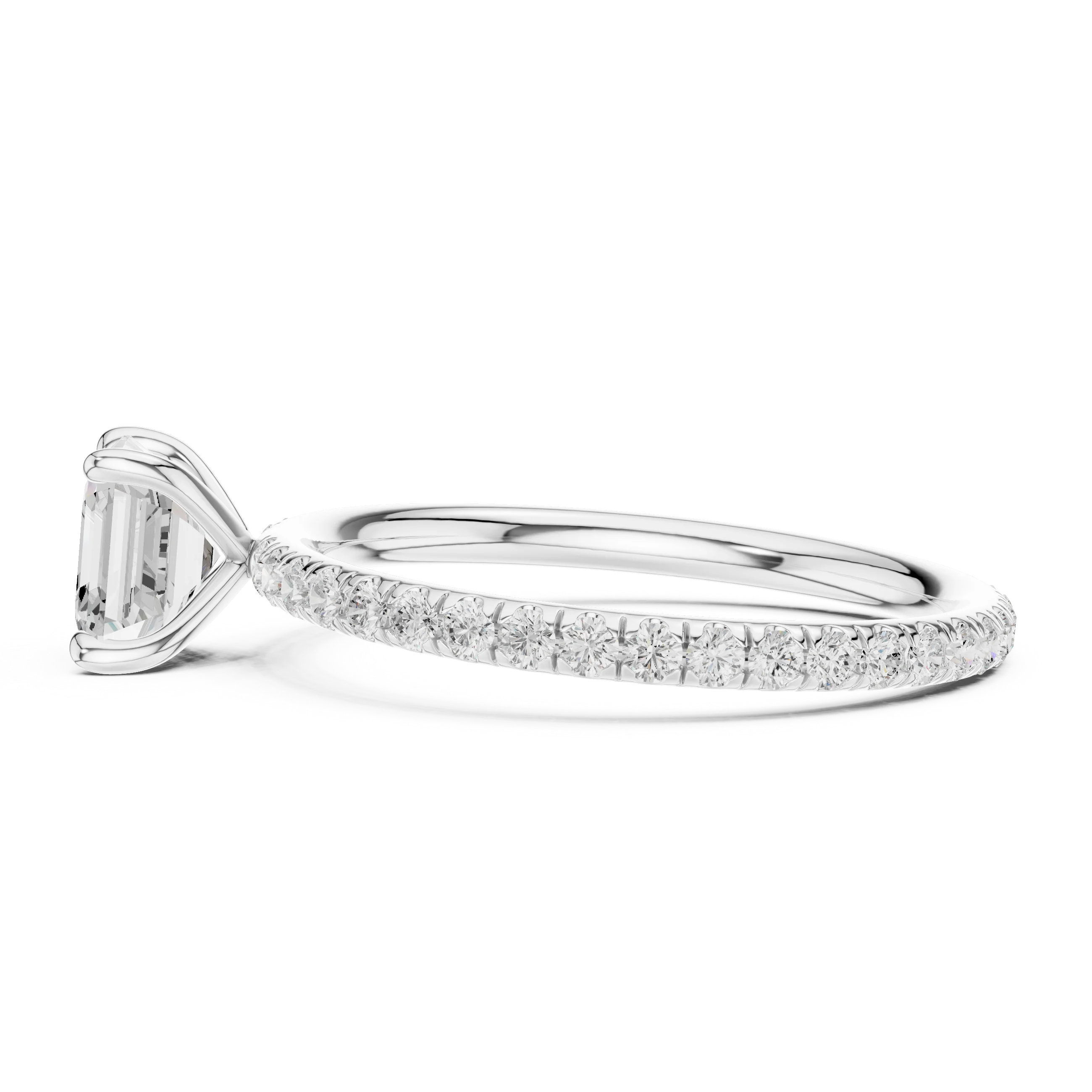 Side view of white gold Asscher cut solitaire ring with thin pavé diamond band and raised setting