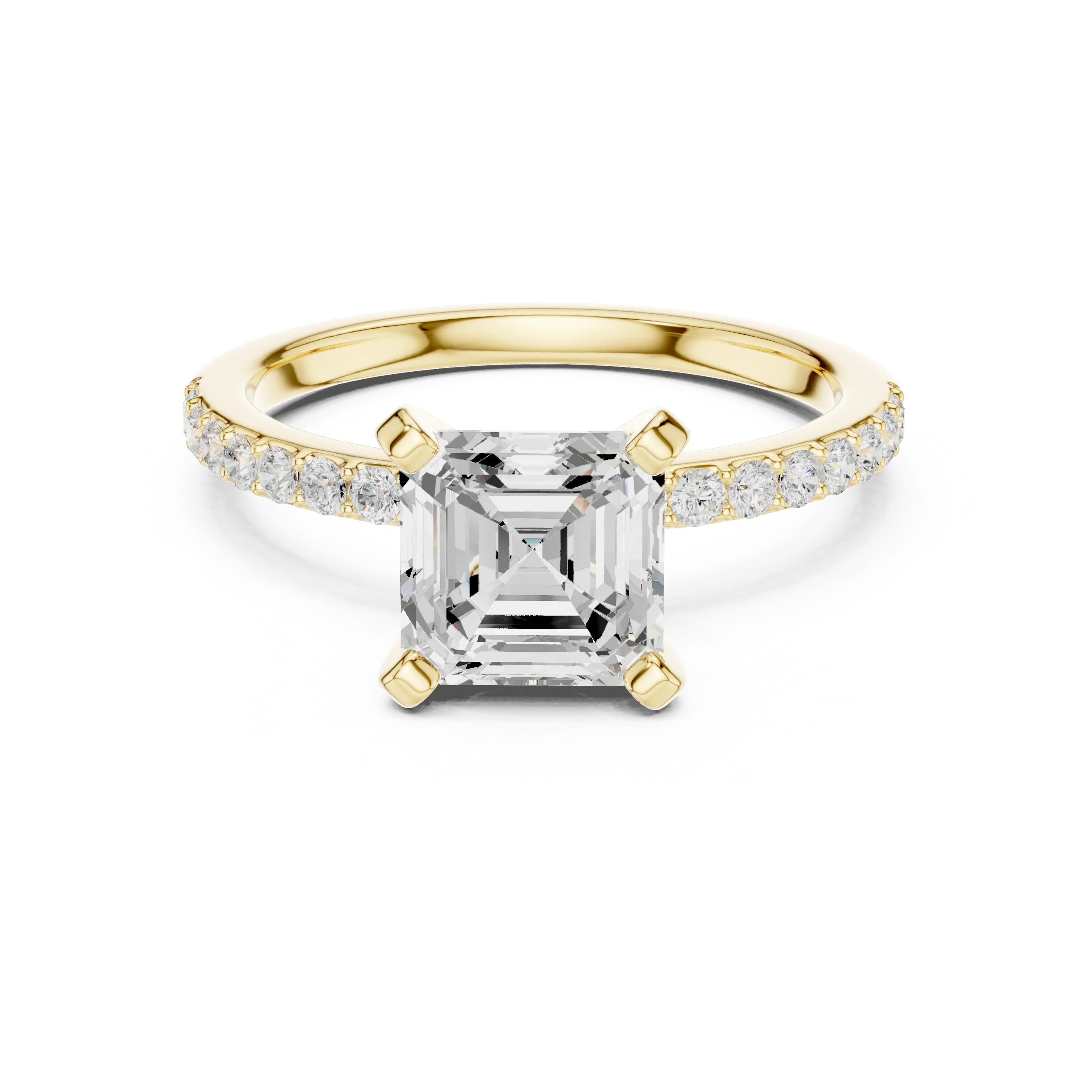 Lab-grown asscher solitaire diamond ring in yellow gold with thin pavé band