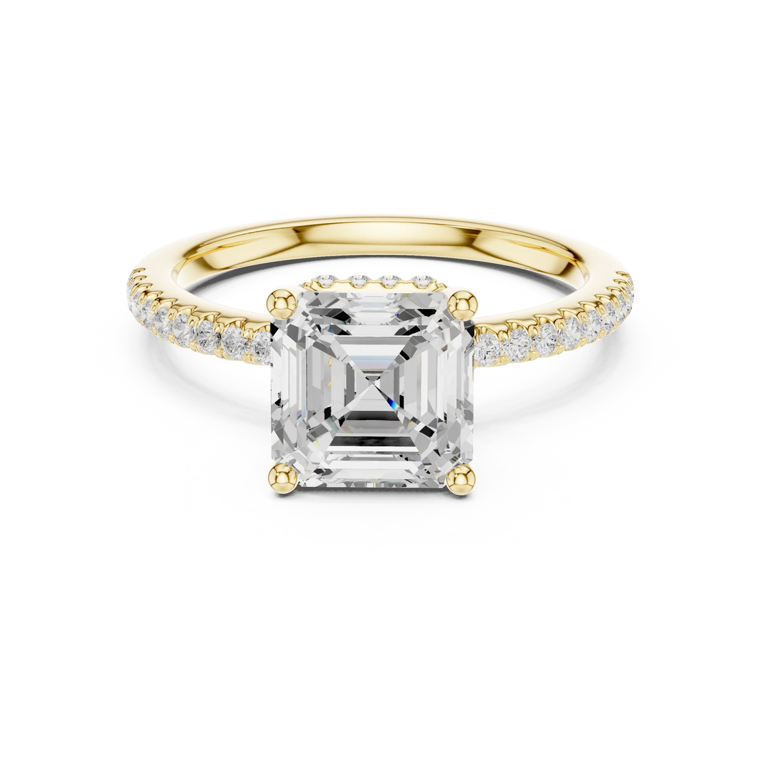 Yellow gold Asscher cut solitaire ring with thin pave band and lab-grown diamond, classic elegant style