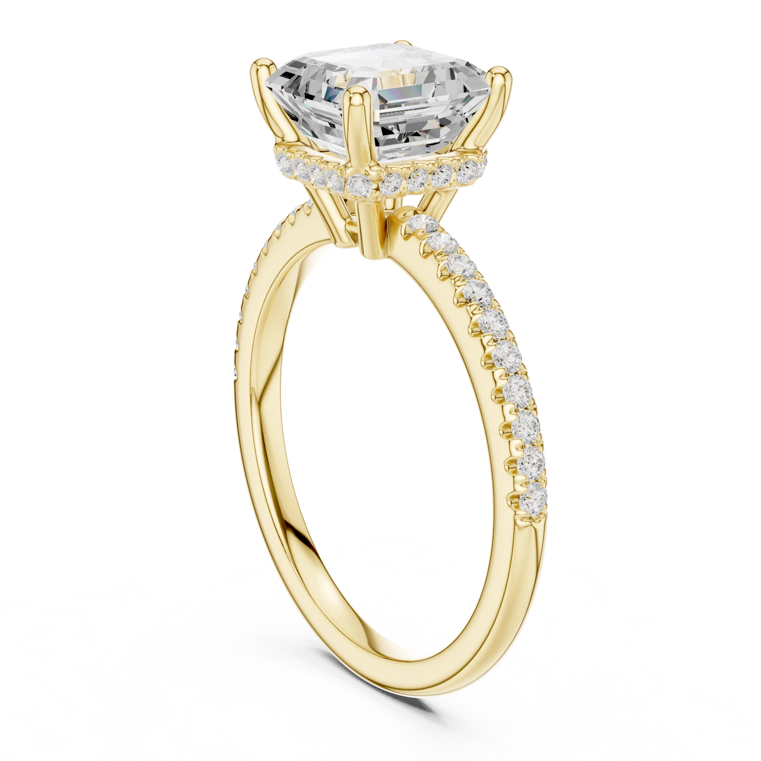 Back side view of yellow gold Asscher cut solitaire ring showing thin pave band and mounting details