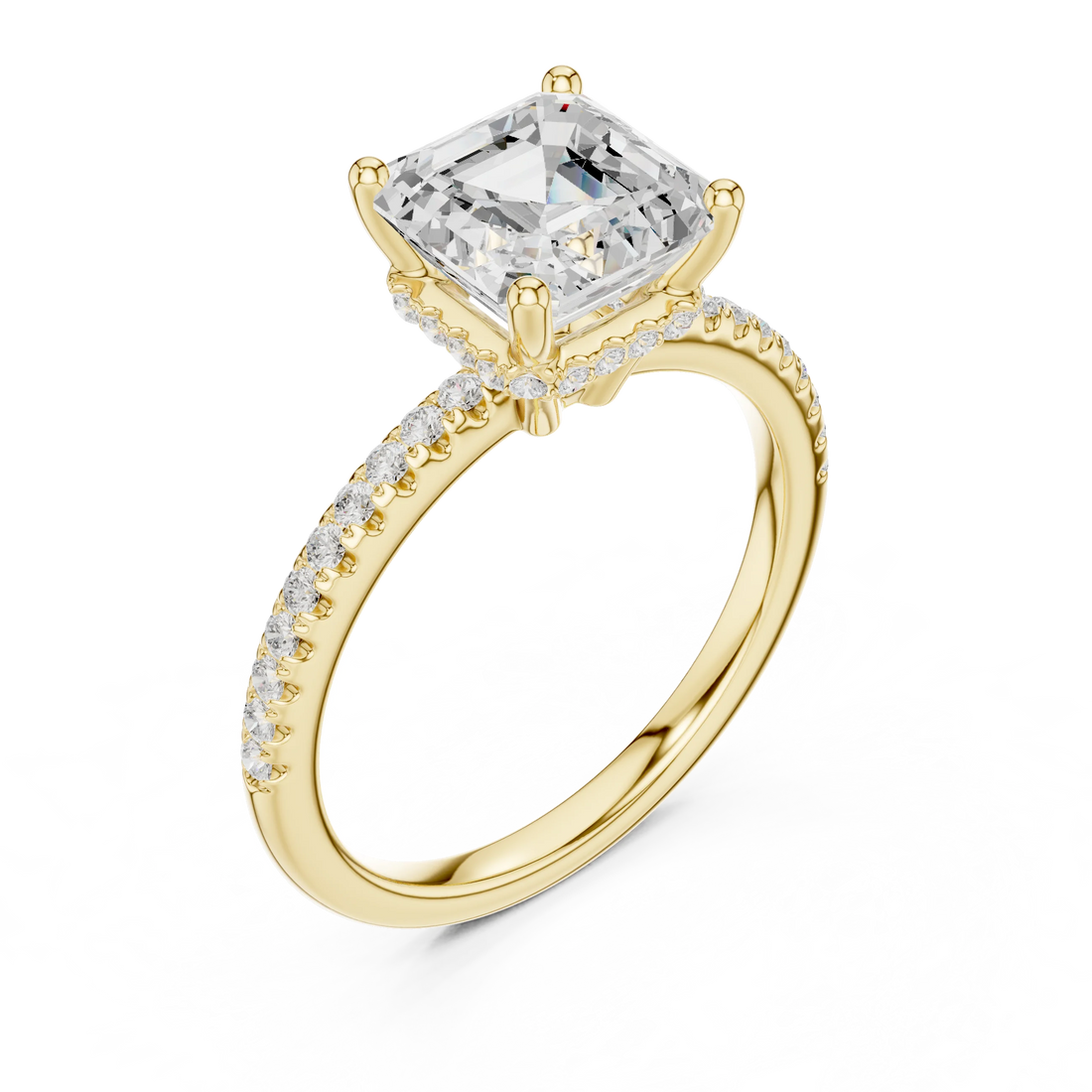 Front view of yellow gold Asscher cut solitaire ring with thin pave band and lab-created diamond
