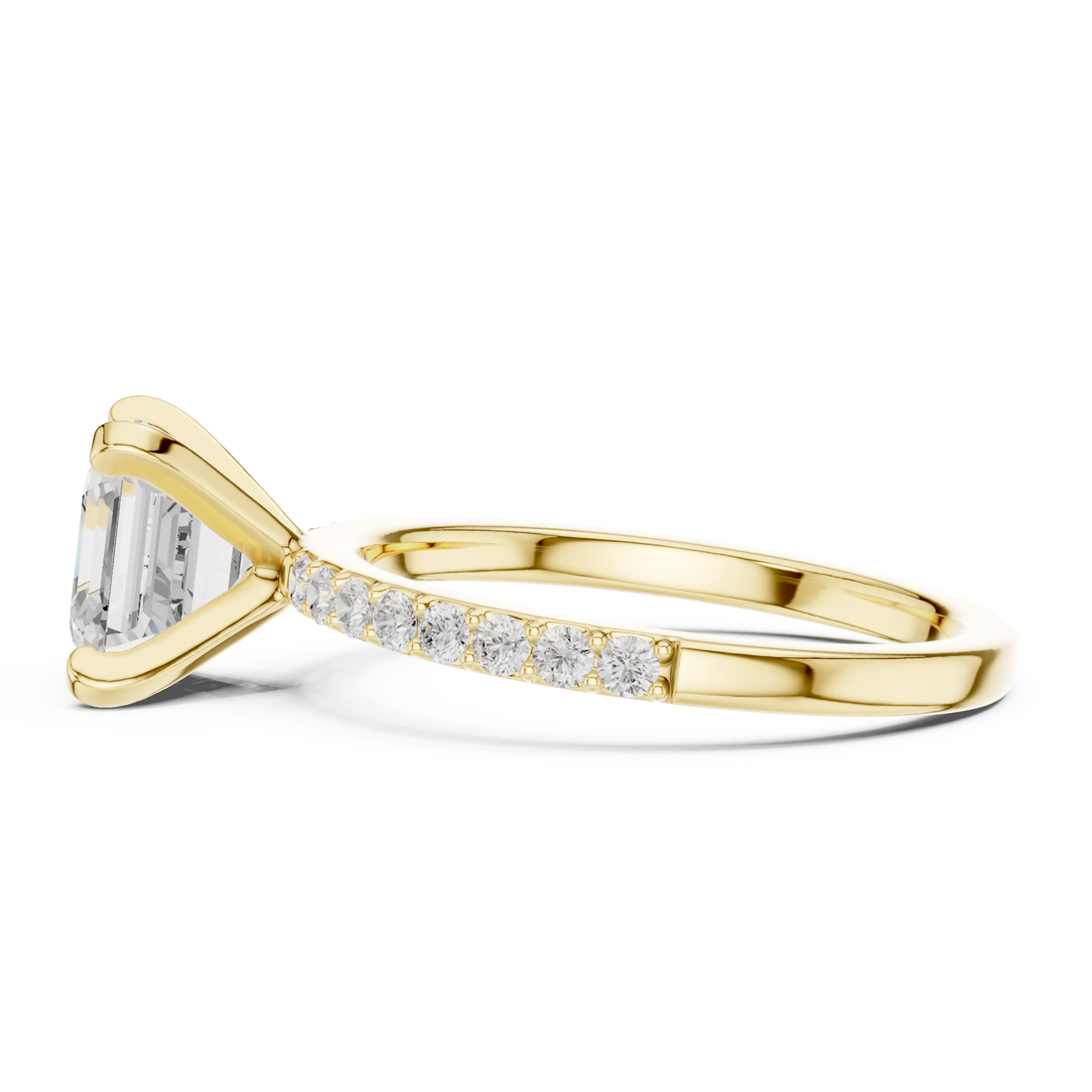 Side view of yellow gold asscher solitaire ring with thin pavé band and elevated setting