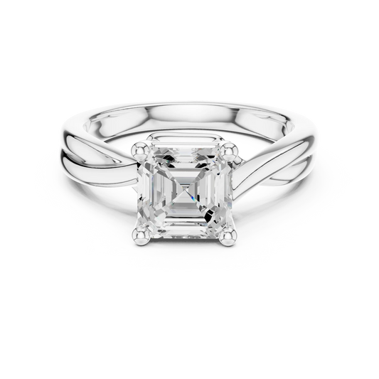 Lab-grown Asscher cut solitaire ring in white gold with twisted band design