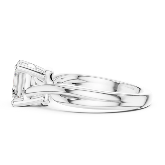 Side view of white gold Asscher cut solitaire ring with twisted band and raised setting