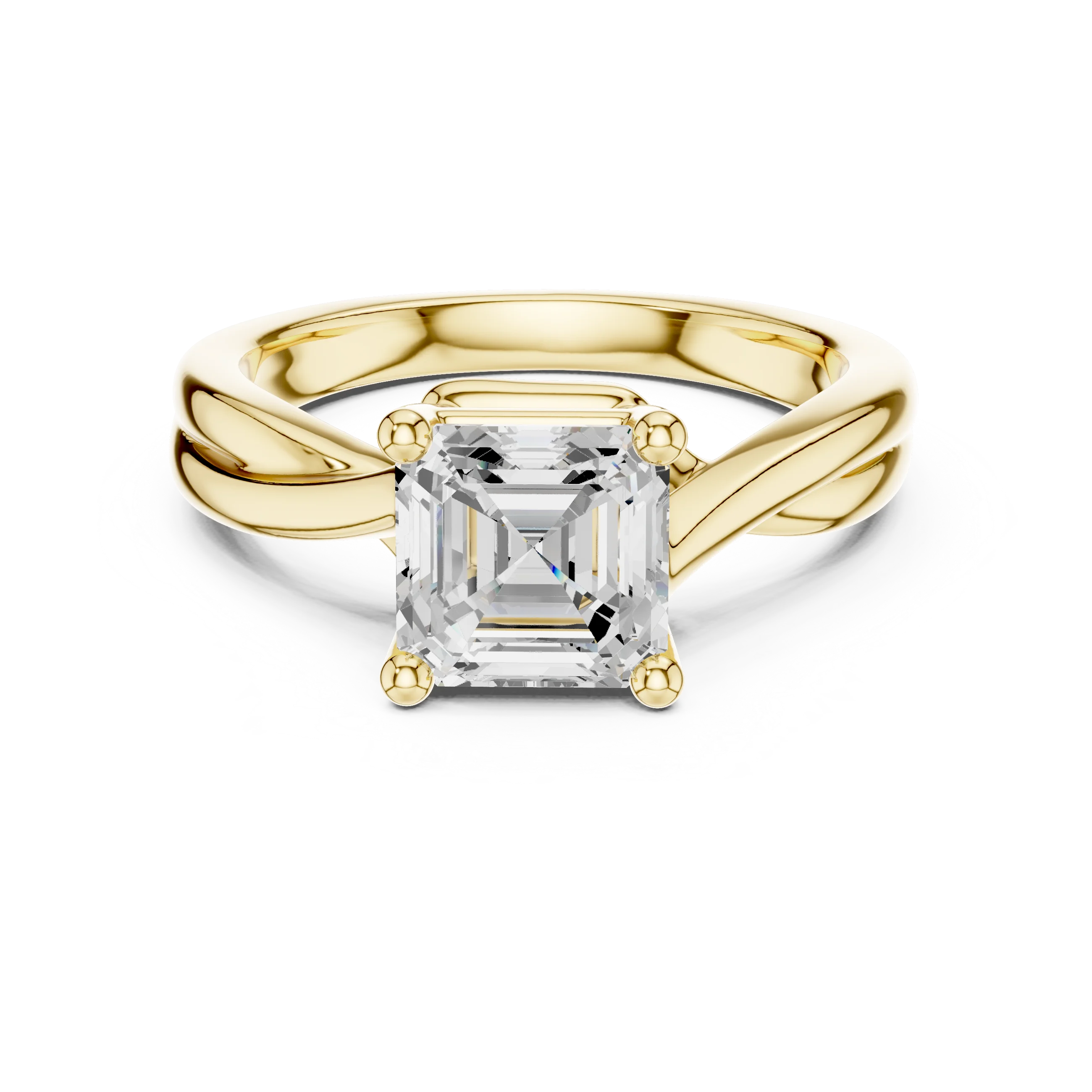 Lab-grown Asscher cut solitaire ring in yellow gold with twisted band design