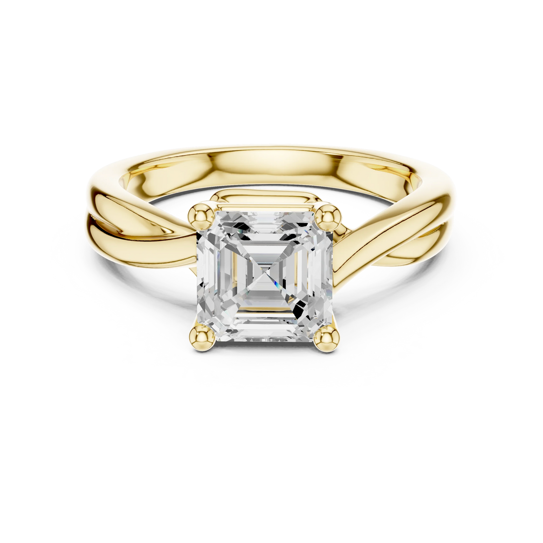 Lab-grown Asscher cut solitaire ring in yellow gold with twisted band design