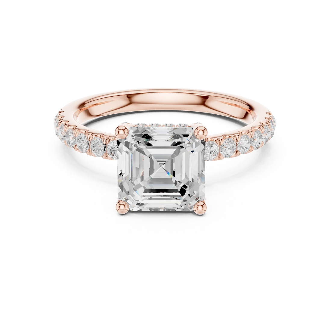 Lab-grown Asscher cut solitaire ring in rose gold with pavé diamond band