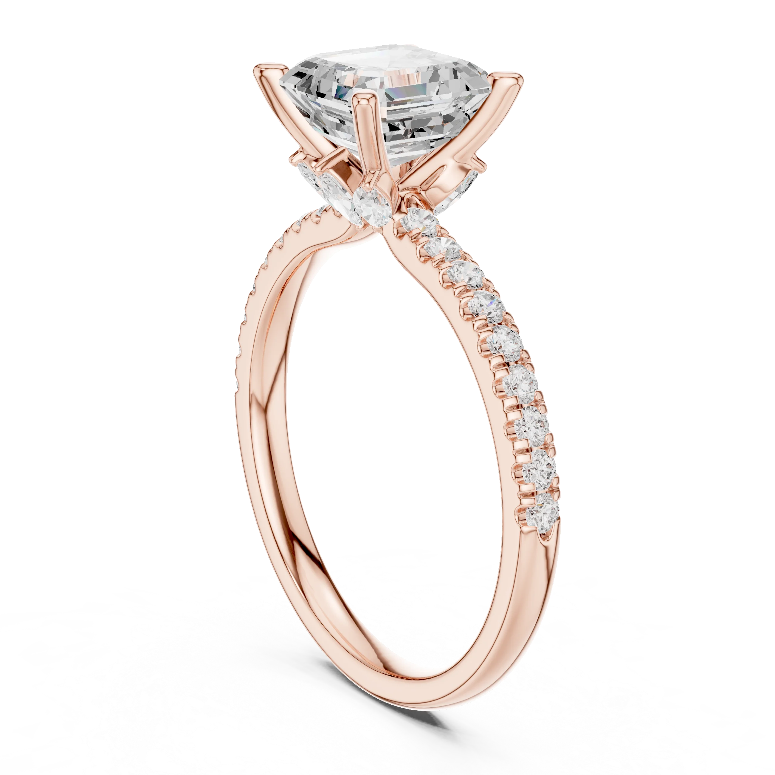 Back side view of rose gold Asscher solitaire ring with pave diamond band and lab-grown diamond – Australia