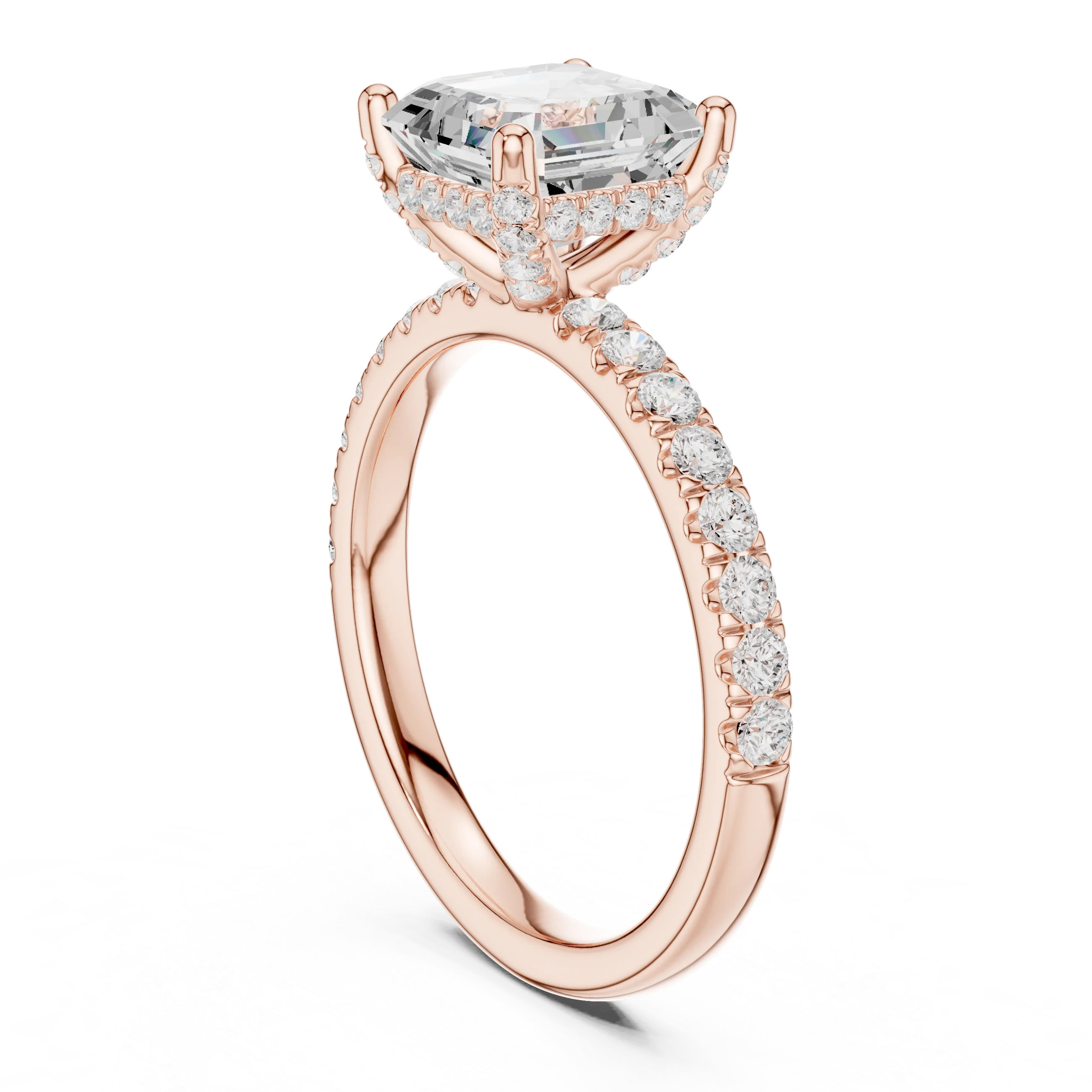 Back view of rose gold Asscher solitaire ring with pavé diamond band showing band structure