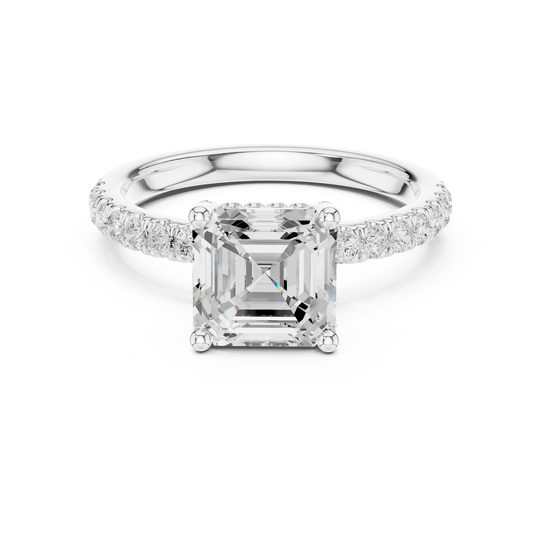 Lab-grown Asscher cut solitaire ring in white gold with pavé diamond band