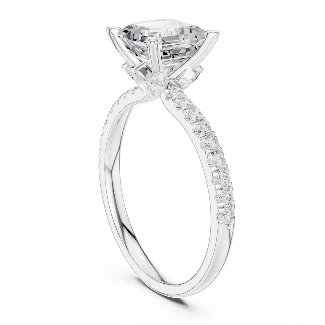 Back side view of white gold Asscher solitaire ring with pave diamond band and lab-grown diamond – Australia
