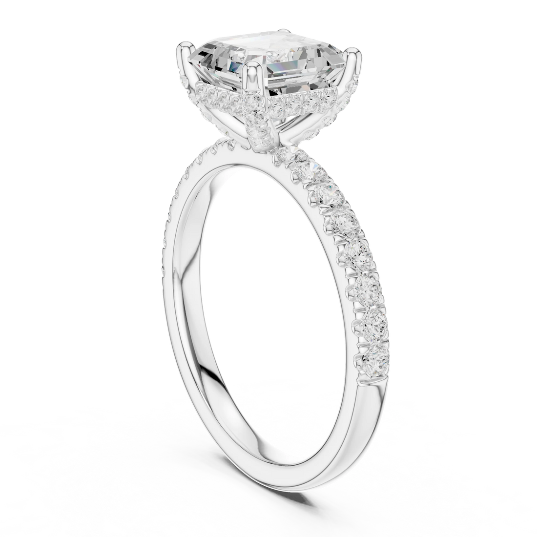 Back view of white gold Asscher solitaire ring with pavé diamond band showing setting details