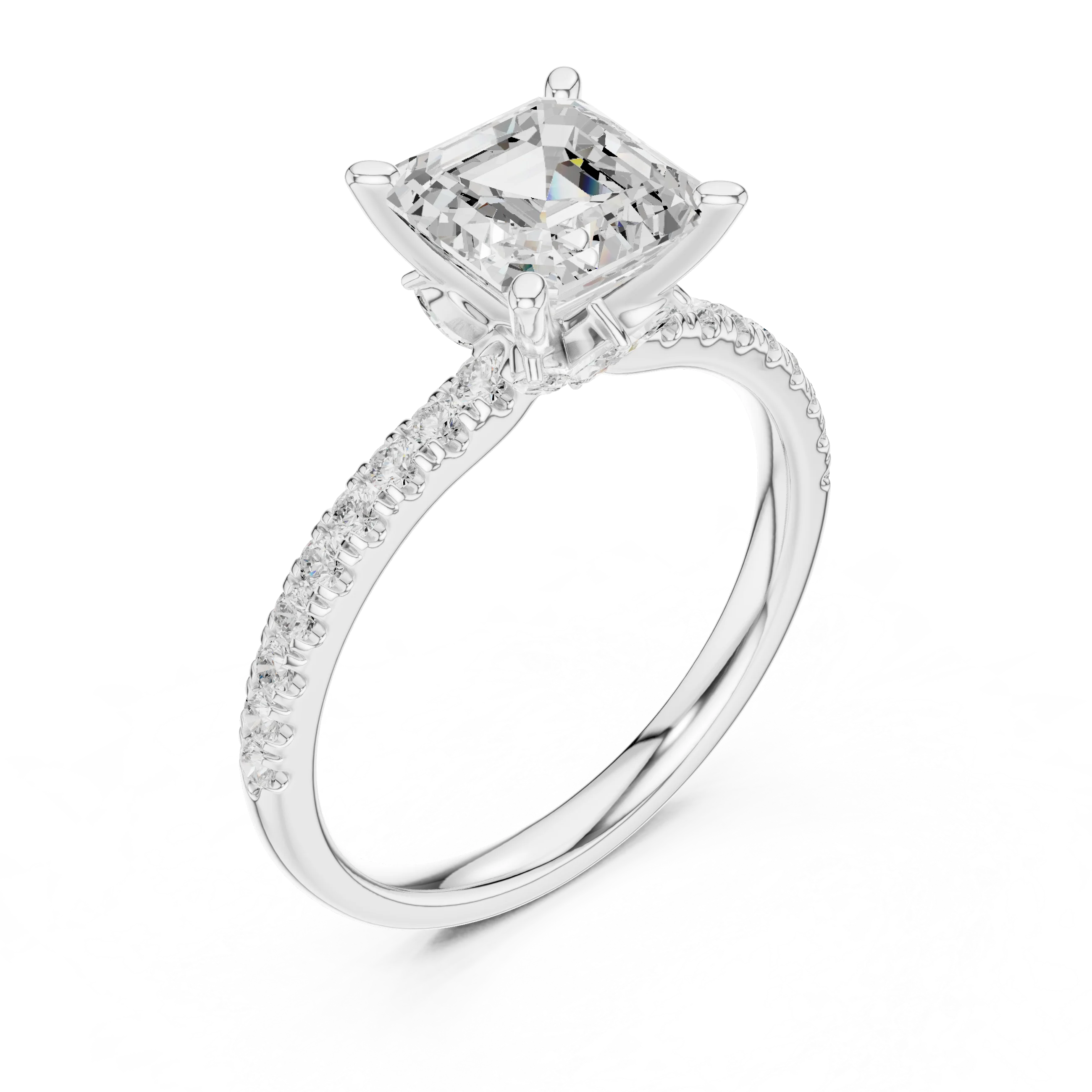Front view of white gold Asscher solitaire ring with pave diamond band and lab-grown diamond – Australia