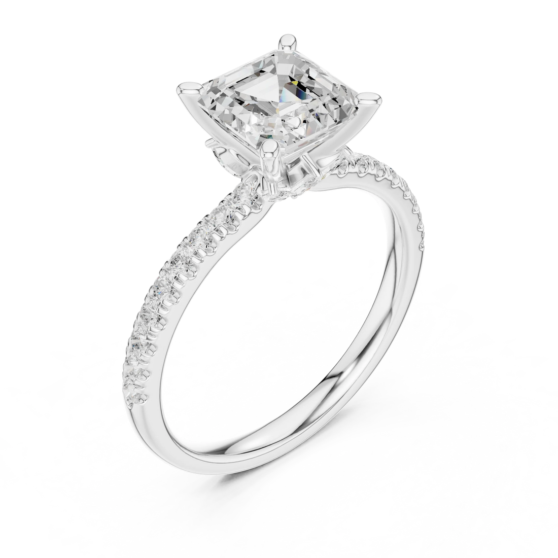 Front view of white gold Asscher solitaire ring with pave diamond band and lab-grown diamond – Australia