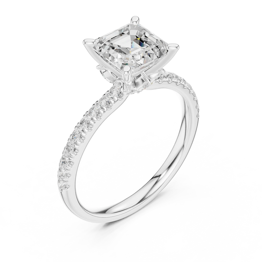 Front view of white gold Asscher solitaire ring with pave diamond band and lab-grown diamond – Australia